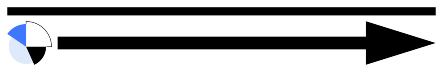 Thick arrow extending forward with segmented circle at base divided by black, blue, white sections. Ideal for strategy, progress, momentum, navigation, growth time leadership. Flat simple metaphor