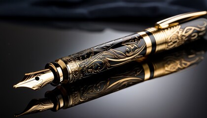 luxurious black and gold fountain pen close up with intricate ornate design