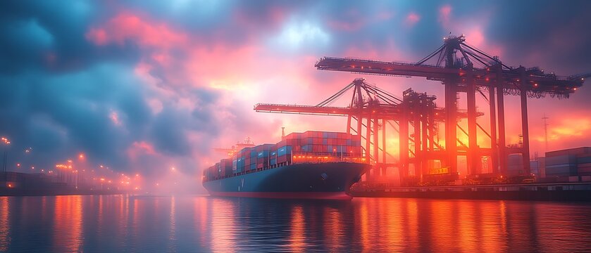 A cargo ship is docked at the busy harbor port - Powered by Adobe