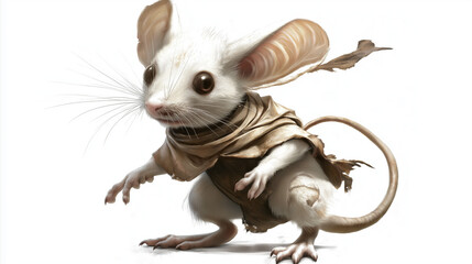 A full-body view of a funny white mouse dressed in colorful clothes, standing upright and isolated on a white background, radiating charm and whimsy