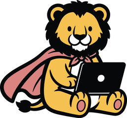 Cute Cartoon Lion with Cape Using Laptop