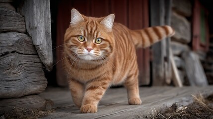 Obraz premium An orange tabby cat with green eyes walking outdoors near a wooden structure