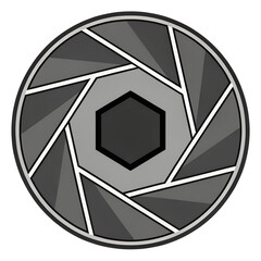 Monochromatic flat vector illustration of a camera aperture or iris diaphragm, with a hexagonal opening, on a transparent background.