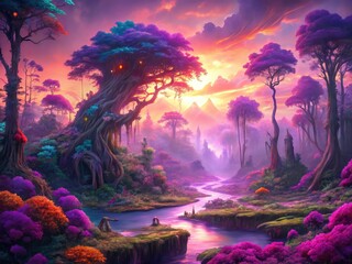 Enchanting Purple Fantasy Forest Landscape - Magical Trees, Mystical Sky, Dreamlike Scenery