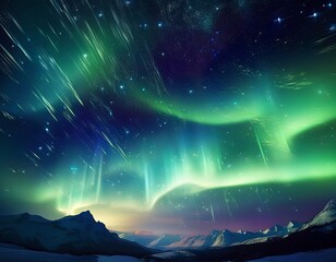 beautiful sky with aurora and stars green northern lights