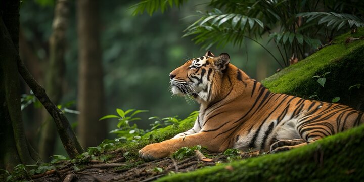 Malayan tiger laying in the forest, showcasing its beautiful orange fur and black stripes, endangered, wildlife