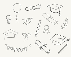 Fototapeta na wymiar Graduation hat doodle line. University Cap of graduate and certificate degree hand drawn outline. Graduation hats sketch 