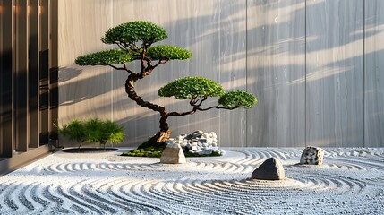 Minimalist Japanese zen garden with white gravel, bonsai trees, and smooth stones, soft lighting and shadows.