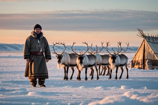 A reindeer herder on the background of a herd of deer.