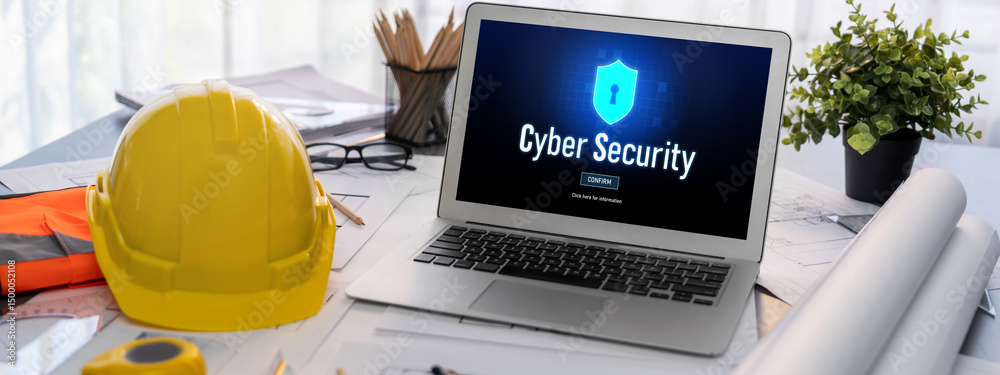 Poster cyber security system on computer screen protect private information brisk from hacker and cyber att
