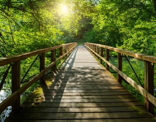 Fototapeta premium a serene wooden bridge stretches over calm waters surrounded by lush green trees as sunlight filters through the foliage creating a peaceful ambiance
