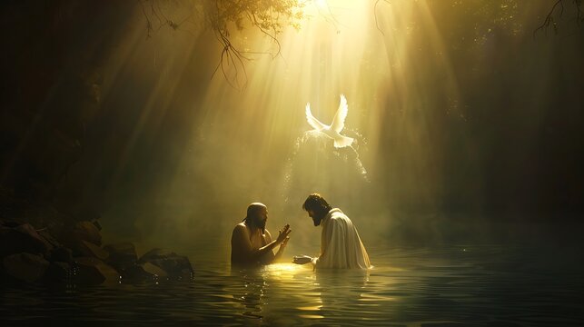 Jesus being baptized by John in the Jordan River, dove descending from the sky, peaceful and radiant atmosphere.