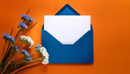 blank card mock up in the blue envelope on the orange background with flowers