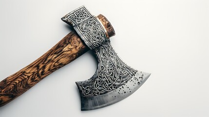 Viking battle axe with carved wooden handle and engraved iron blade, isolated on white background.