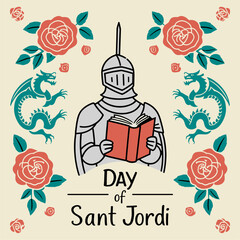 Day of Sant Jordi Knight Reading with Roses and Dragons