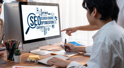 SEO search engine optimization for brisk e-commerce and online retail business showing on computer...