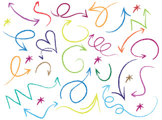 hand drawn colorful crayon arrows collection, with directional pointers on white background. Hand drawn grunge chalk indicators. Pencil scribble doodle designs for infographics, presentations