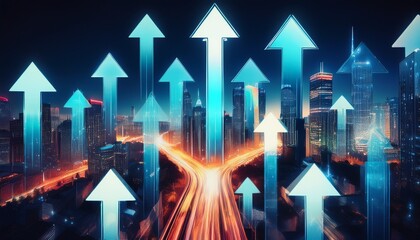 Fototapeta premium upward trending arrows overlaid on night cityscape