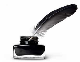 black feather on inkwell isolated on white background