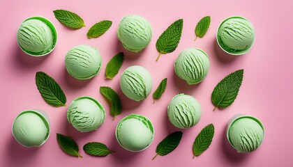 green mint ice cream balls with leaves on a pink background photo top view background