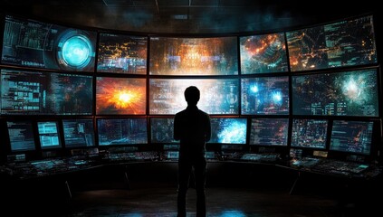 A person stands before a wall of glowing, futuristic screens displaying complex data