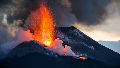 erupting volcano with fiery lava and dramatic clouds