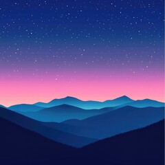 Naklejka premium Silhouetted mountain range under a star-studded night sky with a vibrant, pastel-colored twilight
