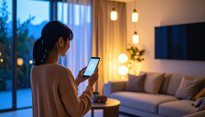 Smart Home Control: A person's hand holding a smartphone in a cozy living room, illuminated by warm light, indicating smart home technology and convenience.