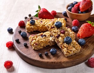 granola bars with berries on wooden board