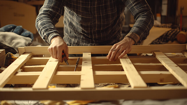 Carpenter Assembling Wooden Frame - Powered by Adobe