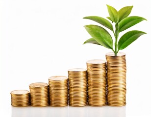 plant growing from stacks of golden coins isolated on white background