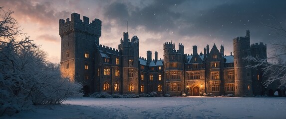 A majestic medieval English castle with snow