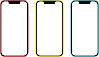 three smartphone mockups with red, yellow and blue borders, transparent background, vector format