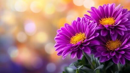 Obraz premium Purple chrysanthemums bloom vibrantly with yellow centers against an orange and yellow bokeh background, creating a soft floral display.