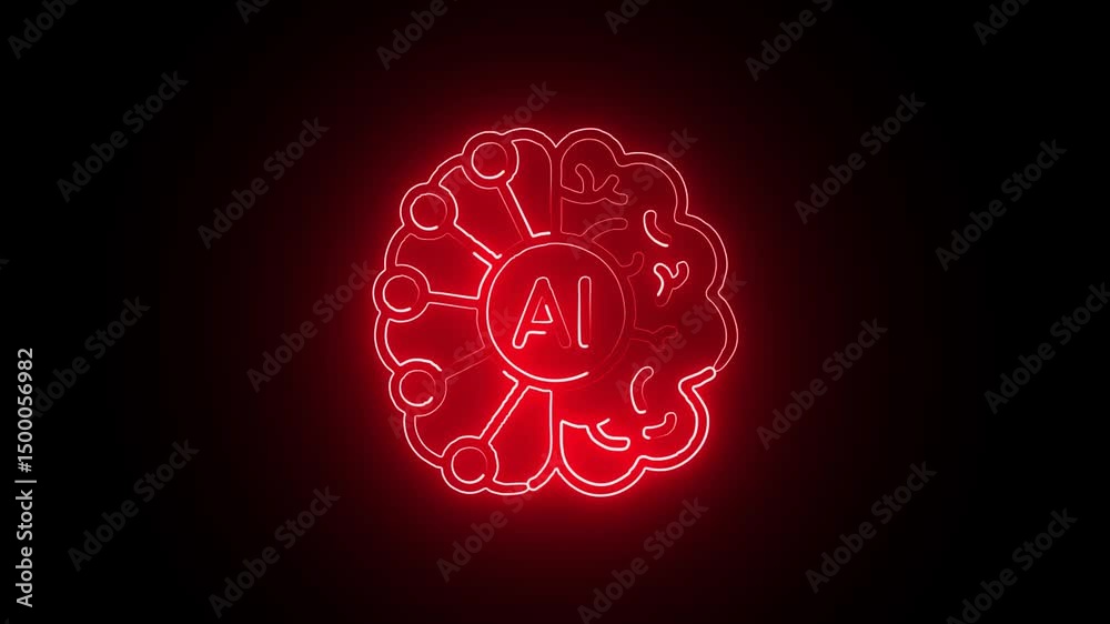 Wall mural ai neural interface animation in red neon style. glowing red neon ai brain interface in motion.