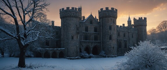 A majestic medieval English castle with snow