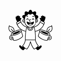 Happy Boy Jumping with Coffee Cups - Cartoon Illustration