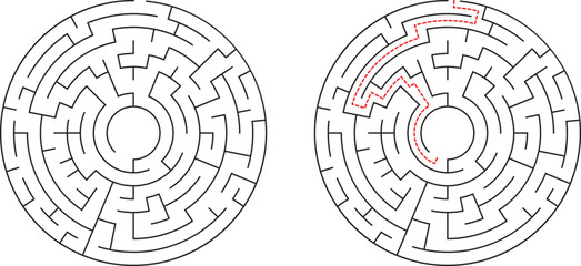Circular Maze Puzzle Solution Path, Labyrinth, Game, Challenge, Concentric, Rings, Brain Teaser, Dif