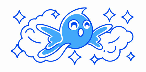 Cute Blue Cartoon Fish Flying on Clouds, Sparkling Stars