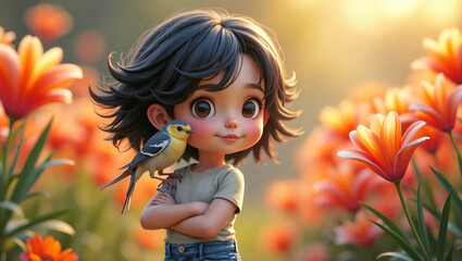 Cute cartoon child with big eyes and yellow bird in floral background.