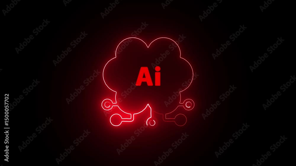 Wall mural bright ai cloud icon flickering in red neon on black. red neon-lit cloud computing ai icon on deep b