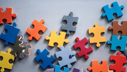 Fototapeta premium colorful puzzle pieces scattered on light gray background create playful and engaging atmosphere inviting creativity and problem solving