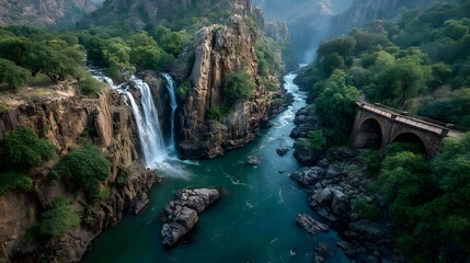 Fototapeta premium An Expansive Helicopter Shot Showcasing Africa's Iconic Waterfall Amidst Verdant Jungle and Flowing River