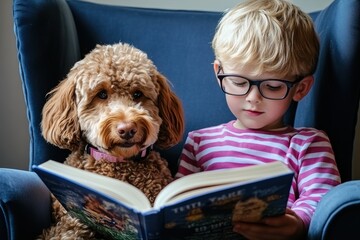 Child with glasses reading a book to a dog while sitting in a cozy armchair at home on a sunny afternoon