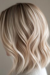 Fototapeta premium Beautiful wavy blonde hair highlighting texture and shine in a softly lit indoor space during the afternoon