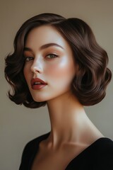 Naklejka premium Elegant woman with wavy dark hair and subtle makeup poses against a neutral background, showcasing natural beauty and grace in a serene indoor setting during daylight