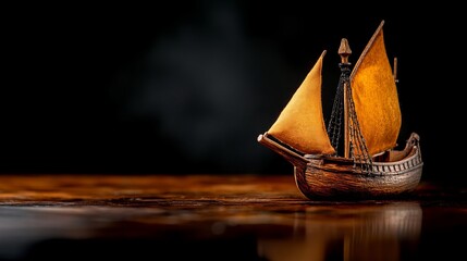 Small decorative sailboat sits on a glossy wooden surface against a dark background.
