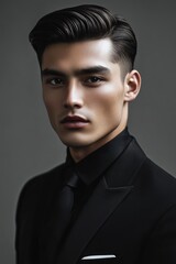 Portrait of a stylish man in a black suit, showcasing confidence and elegance against a dark background in a contemporary setting