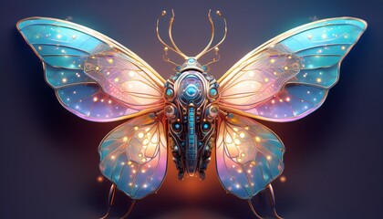 a soft glowing robotic moth with celestial wing patterns and intricate mechanical detailing in pastel light