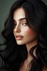 Fototapeta premium Young woman with long dark hair and soft features poses against a neutral background during a beauty photoshoot in natural light